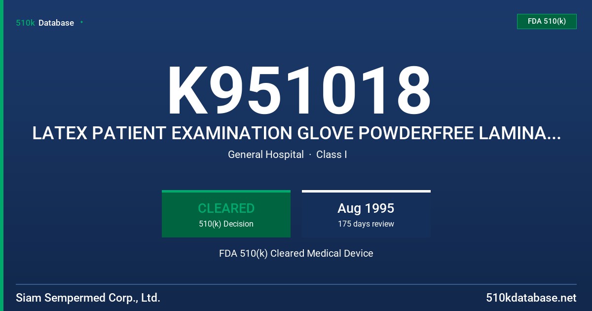 K951018 LATEX PATIENT EXAMINATION GLOVE POWDERFREE LAMINATED COPOLYMER FDA 510(k) Cleared Medical Device