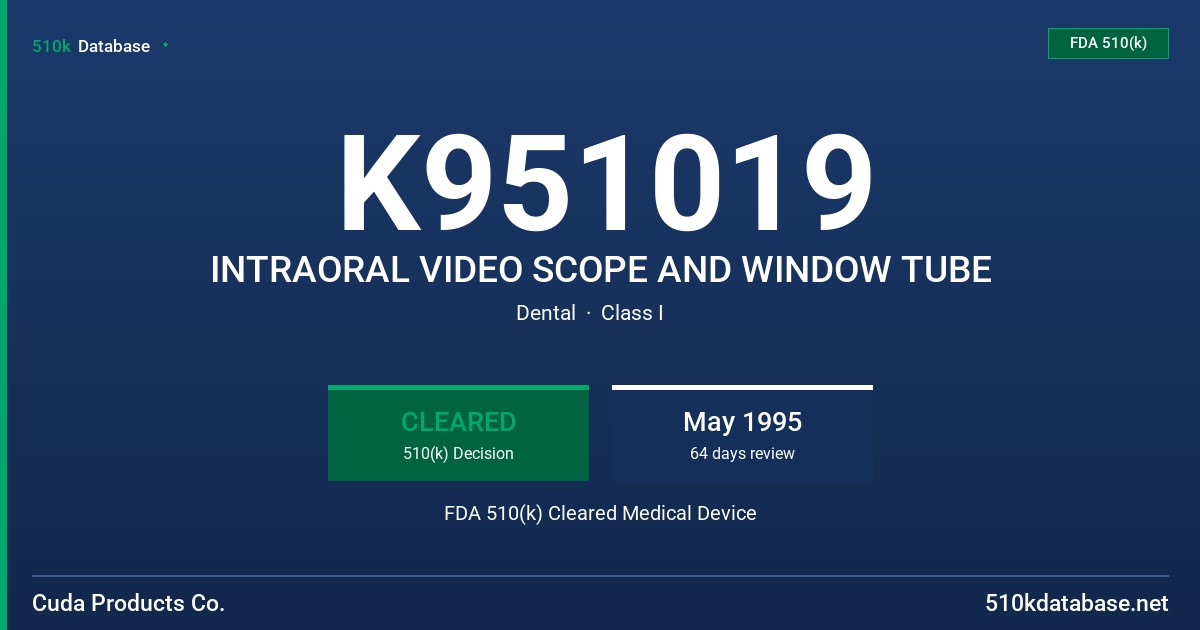 K951019 INTRAORAL VIDEO SCOPE AND WINDOW TUBE FDA 510(k) Cleared Medical Device
