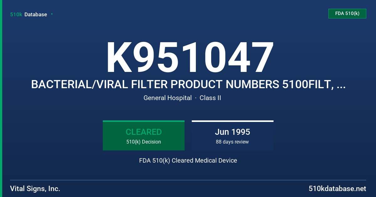 K951047 BACTERIAL/VIRAL FILTER PRODUCT NUMBERS 5100FILT, 5100THINM, 5100HEPA FDA 510(k) Cleared Medical Device