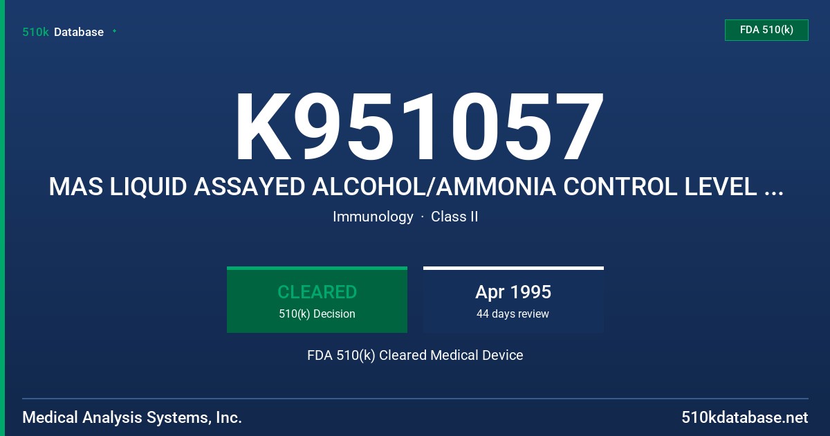 K951057 MAS LIQUID ASSAYED ALCOHOL/AMMONIA CONTROL LEVEL 1 AND 2 FDA 510(k) Cleared Medical Device