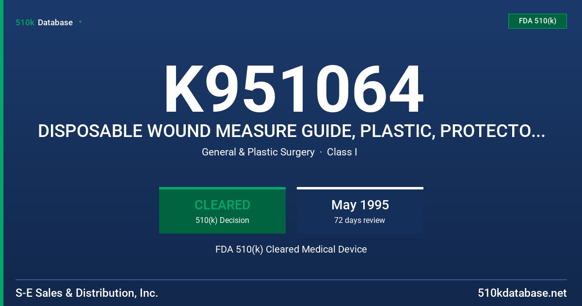 K951064 DISPOSABLE WOUND MEASURE GUIDE, PLASTIC, PROTECTOR, WOUND, PLASTIC FDA 510(k) Cleared Medical Device