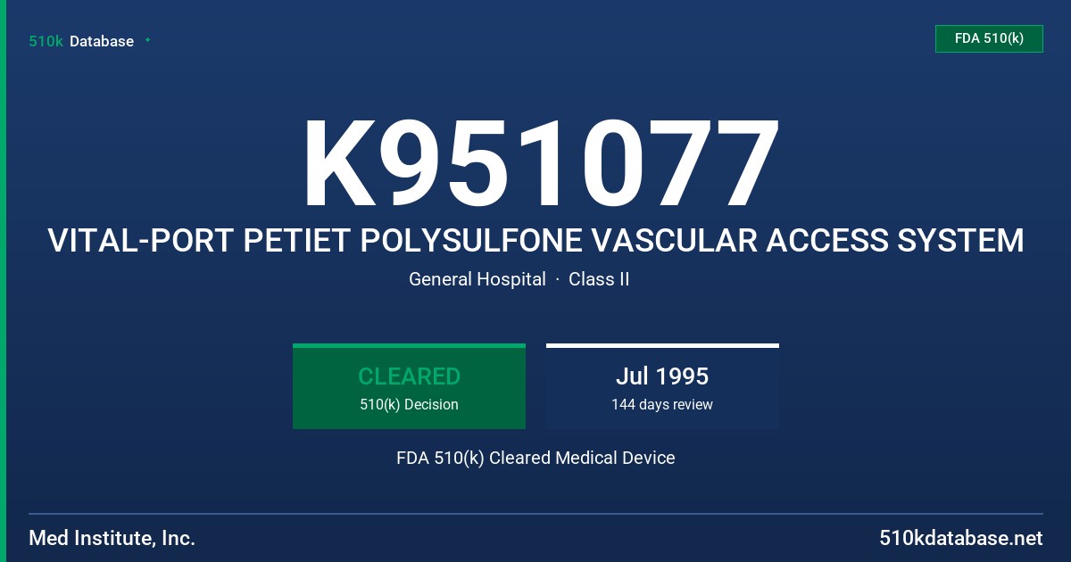 K951077 VITAL-PORT PETIET POLYSULFONE VASCULAR ACCESS SYSTEM FDA 510(k) Cleared Medical Device