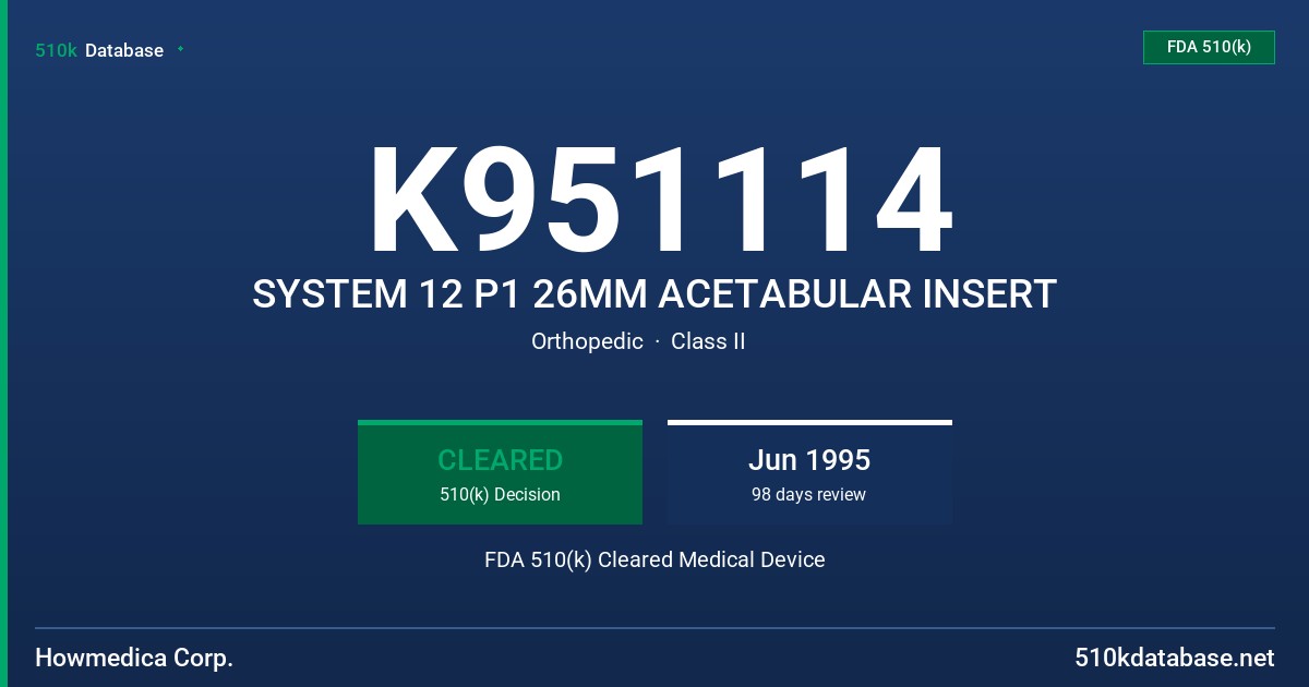 K951114 SYSTEM 12 P1 26MM ACETABULAR INSERT FDA 510(k) Cleared Medical Device