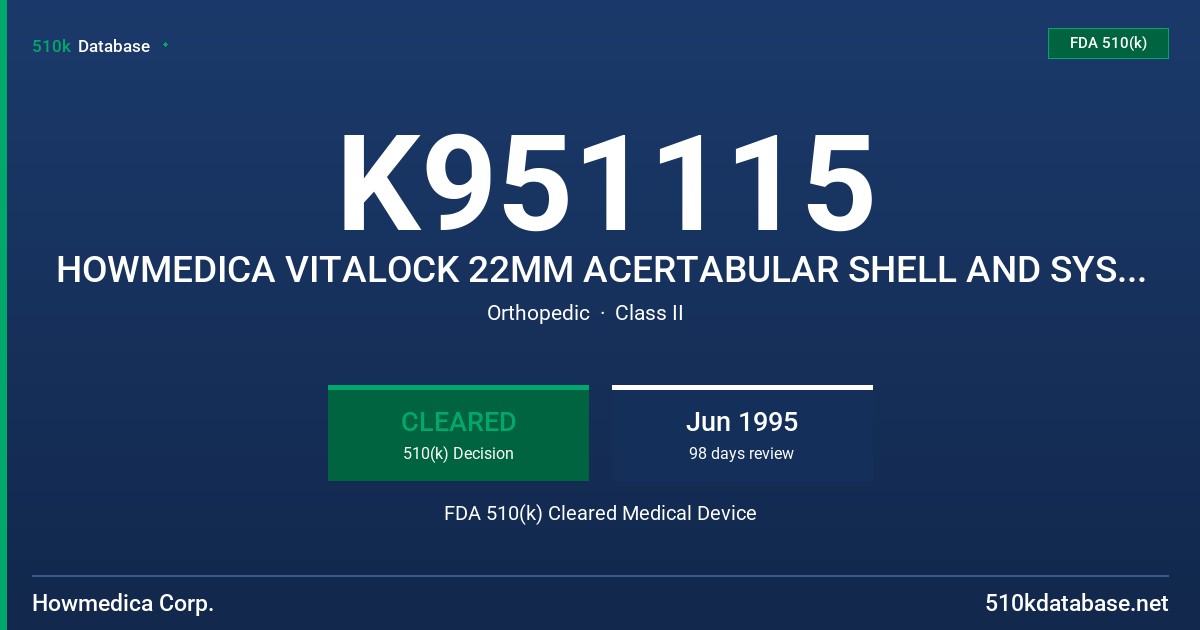 K951115 HOWMEDICA VITALOCK 22MM ACERTABULAR SHELL AND SYSTEM 12 INSERTS FDA 510(k) Cleared Medical Device