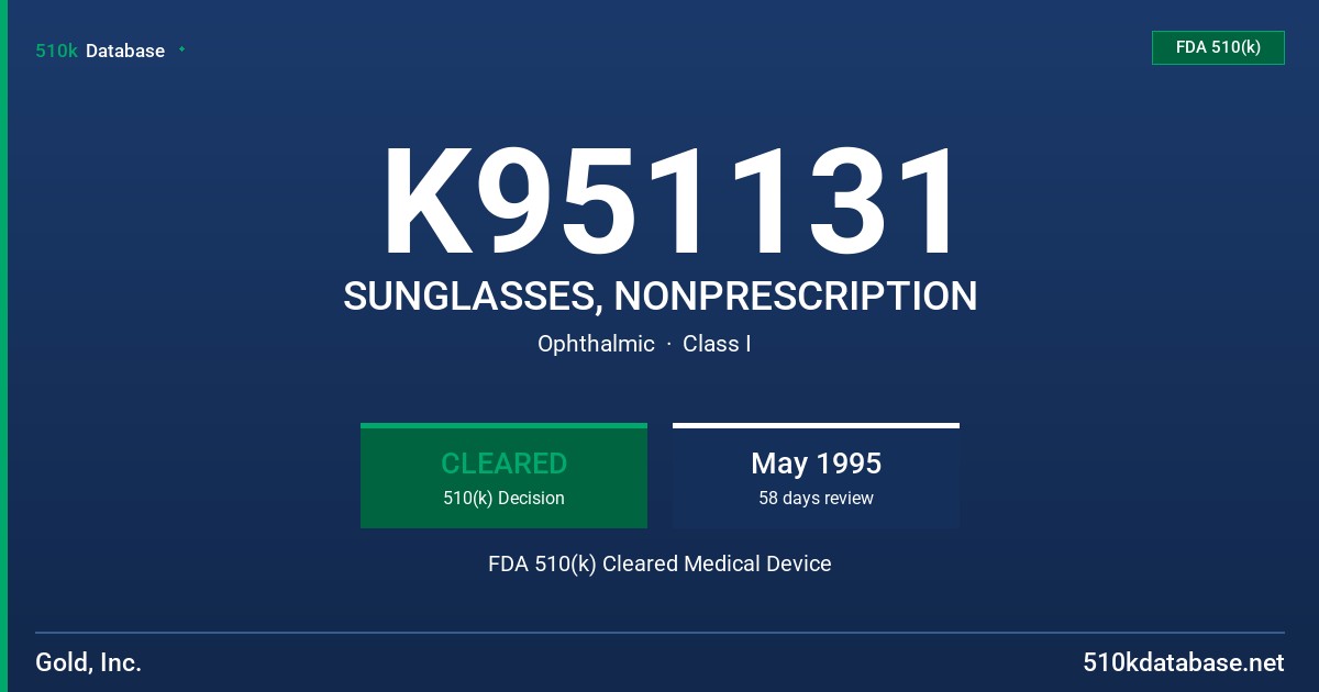 K951131 SUNGLASSES, NONPRESCRIPTION FDA 510(k) Cleared Medical Device