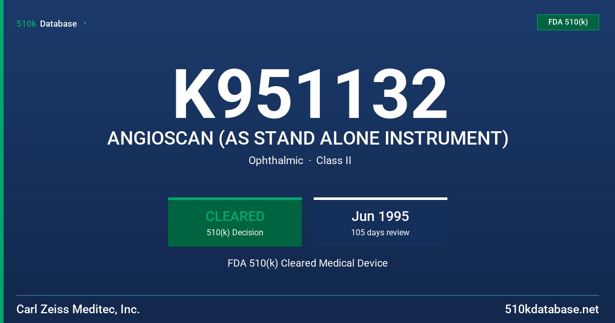 K951132 ANGIOSCAN (AS STAND ALONE INSTRUMENT) FDA 510(k) Cleared Medical Device