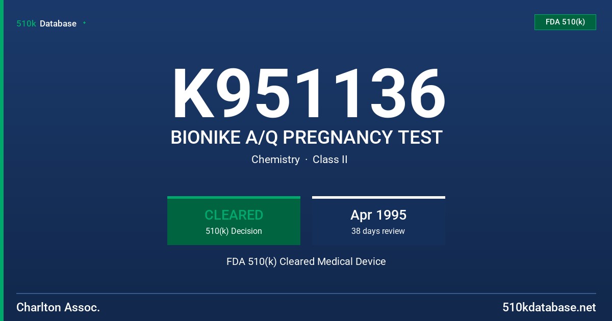 K951136 BIONIKE A/Q PREGNANCY TEST FDA 510(k) Cleared Medical Device