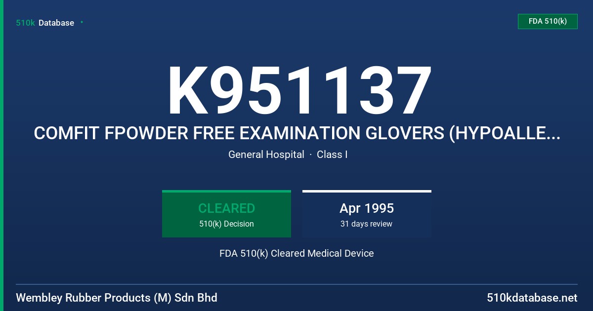 K951137 COMFIT FPOWDER FREE EXAMINATION GLOVERS (HYPOALLERGENIC) FDA 510(k) Cleared Medical Device