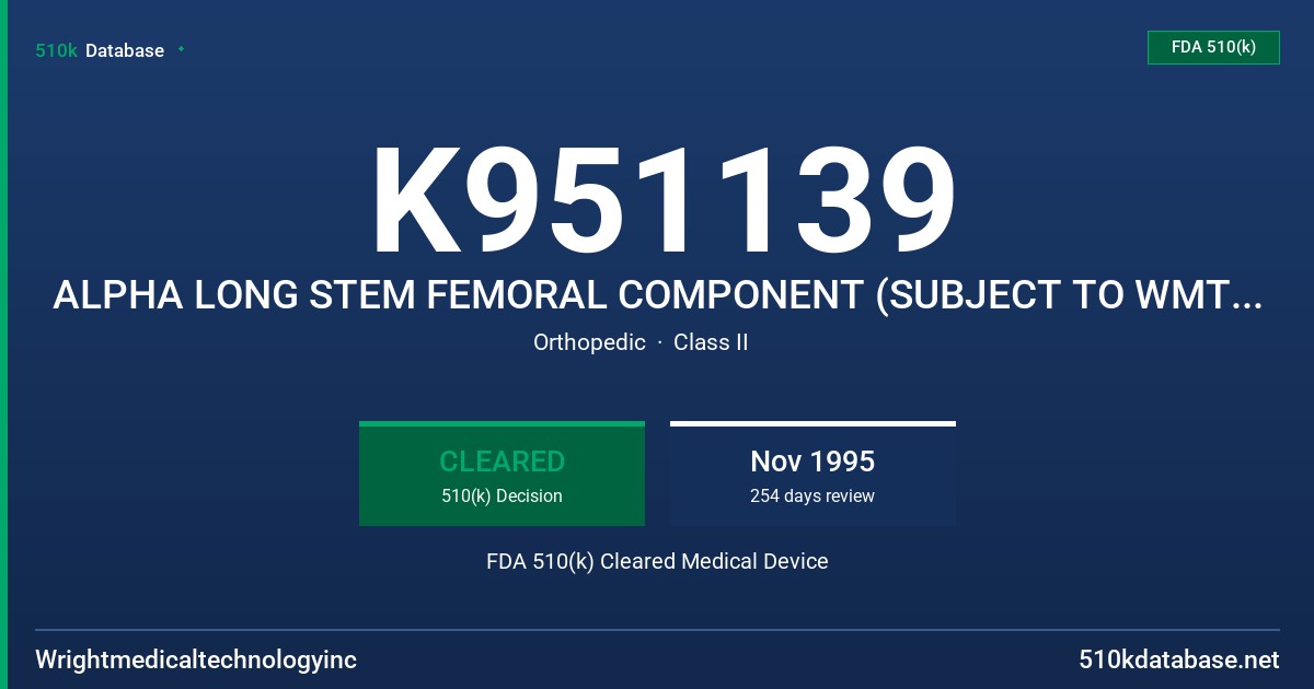 K951139 ALPHA LONG STEM FEMORAL COMPONENT (SUBJECT TO WMTI MARKETING APPROVAL) FDA 510(k) Cleared Medical Device