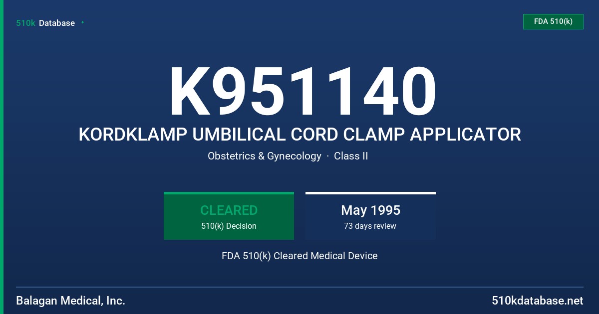 K951140 KORDKLAMP UMBILICAL CORD CLAMP APPLICATOR FDA 510(k) Cleared Medical Device