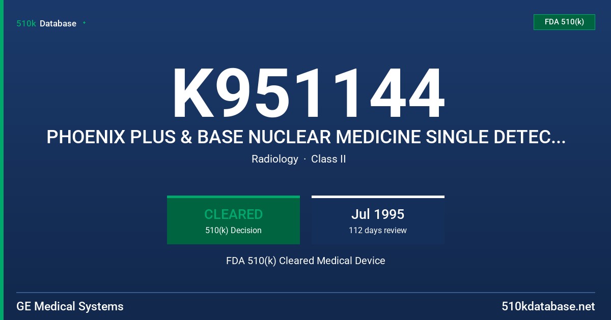 K951144 PHOENIX PLUS & BASE NUCLEAR MEDICINE SINGLE DETECTOR SYSTEMS FDA 510(k) Cleared Medical Device