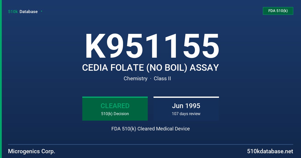 K951155 CEDIA FOLATE (NO BOIL) ASSAY FDA 510(k) Cleared Medical Device