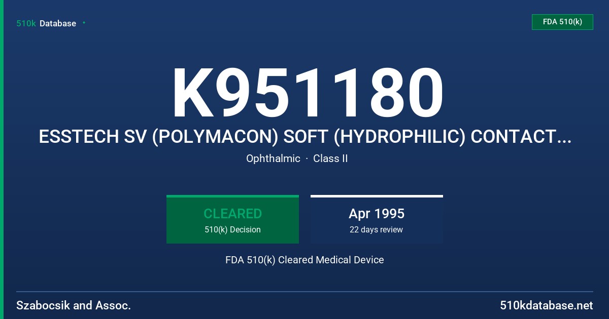 K951180 ESSTECH SV (POLYMACON) SOFT (HYDROPHILIC) CONTACT LENS FDA 510(k) Cleared Medical Device