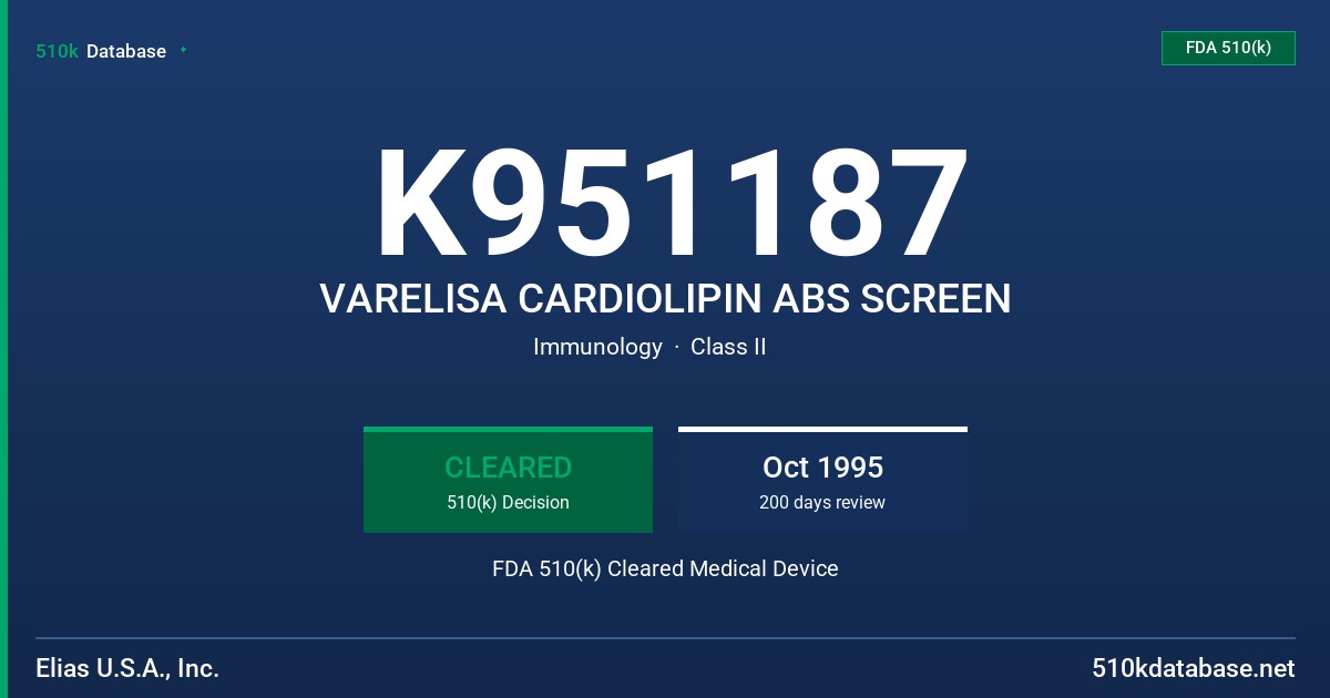 K951187 VARELISA CARDIOLIPIN ABS SCREEN FDA 510(k) Cleared Medical Device