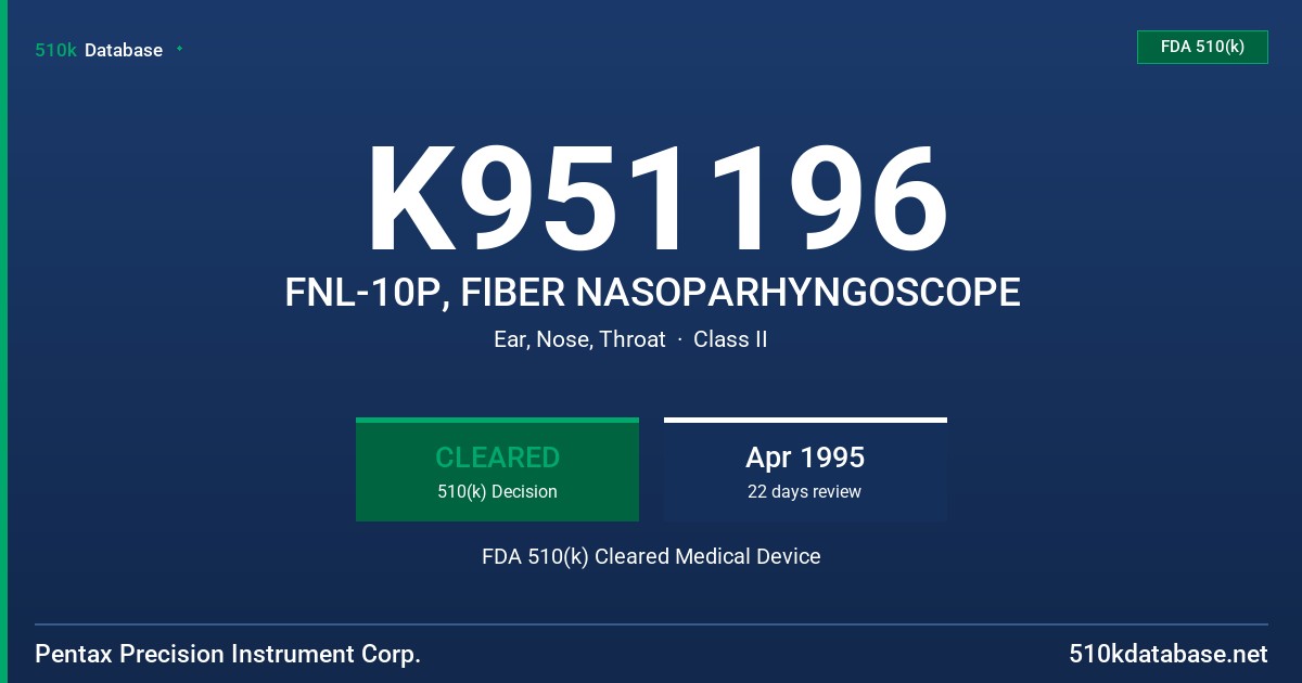 K951196 FNL-10P, FIBER NASOPARHYNGOSCOPE FDA 510(k) Cleared Medical Device