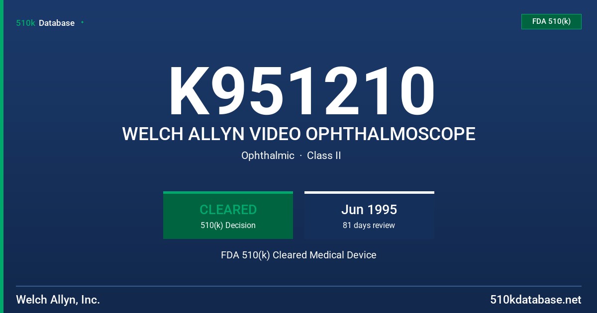 K951210 WELCH ALLYN VIDEO OPHTHALMOSCOPE FDA 510(k) Cleared Medical Device