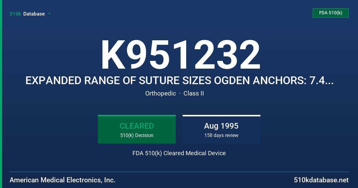 K951232 EXPANDED RANGE OF SUTURE SIZES OGDEN ANCHORS: 7.4MM AND 5.5MM FDA 510(k) Cleared Medical Device