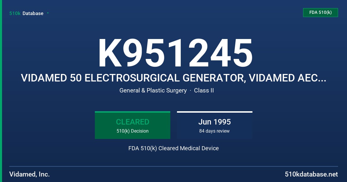 K951245 VIDAMED 50 ELECTROSURGICAL GENERATOR, VIDAMED AEC (ADJUSTABLE ELECTROSURGICAL CARTRIDGE) ACCESSORY FDA 510(k) Cleared Medical Device