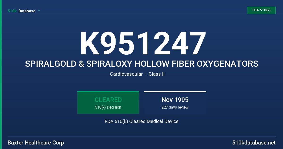 K951247 SPIRALGOLD & SPIRALOXY HOLLOW FIBER OXYGENATORS FDA 510(k) Cleared Medical Device