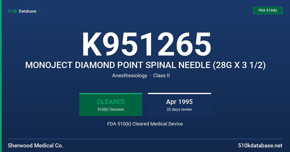 K951265 MONOJECT DIAMOND POINT SPINAL NEEDLE (28G X 3 1/2) FDA 510(k) Cleared Medical Device