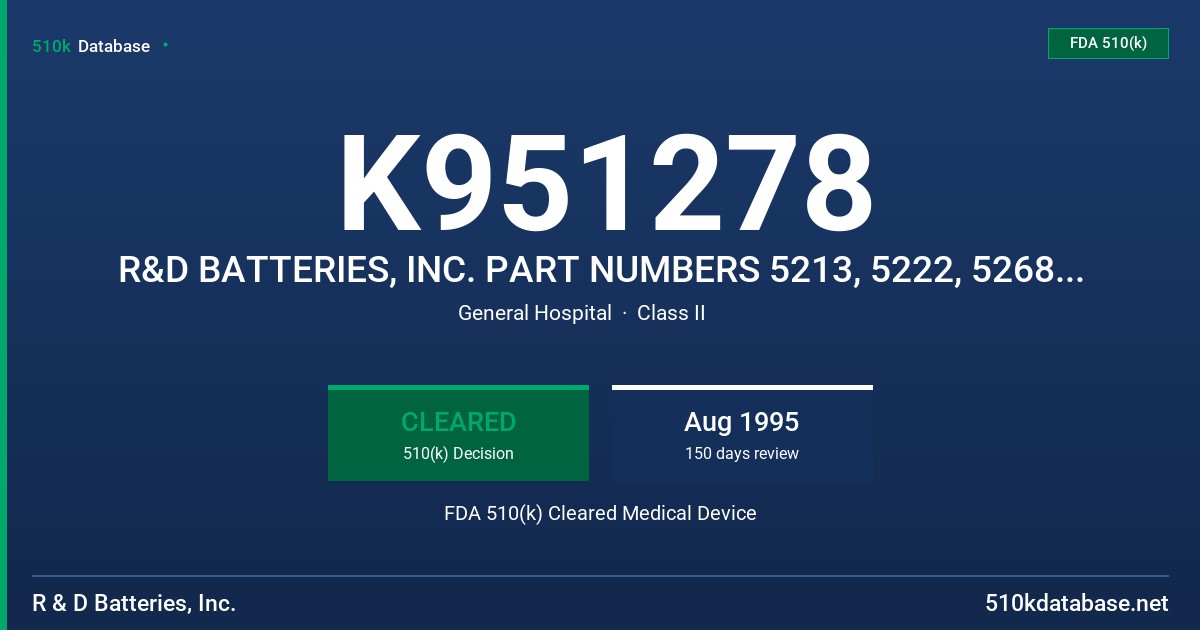 K951278 R&D BATTERIES, INC. PART NUMBERS 5213, 5222, 5268 AND 5284 FDA 510(k) Cleared Medical Device