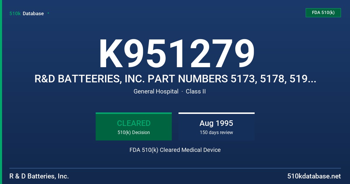 K951279 R&D BATTEERIES, INC. PART NUMBERS 5173, 5178, 5197 AND 5199 FDA 510(k) Cleared Medical Device