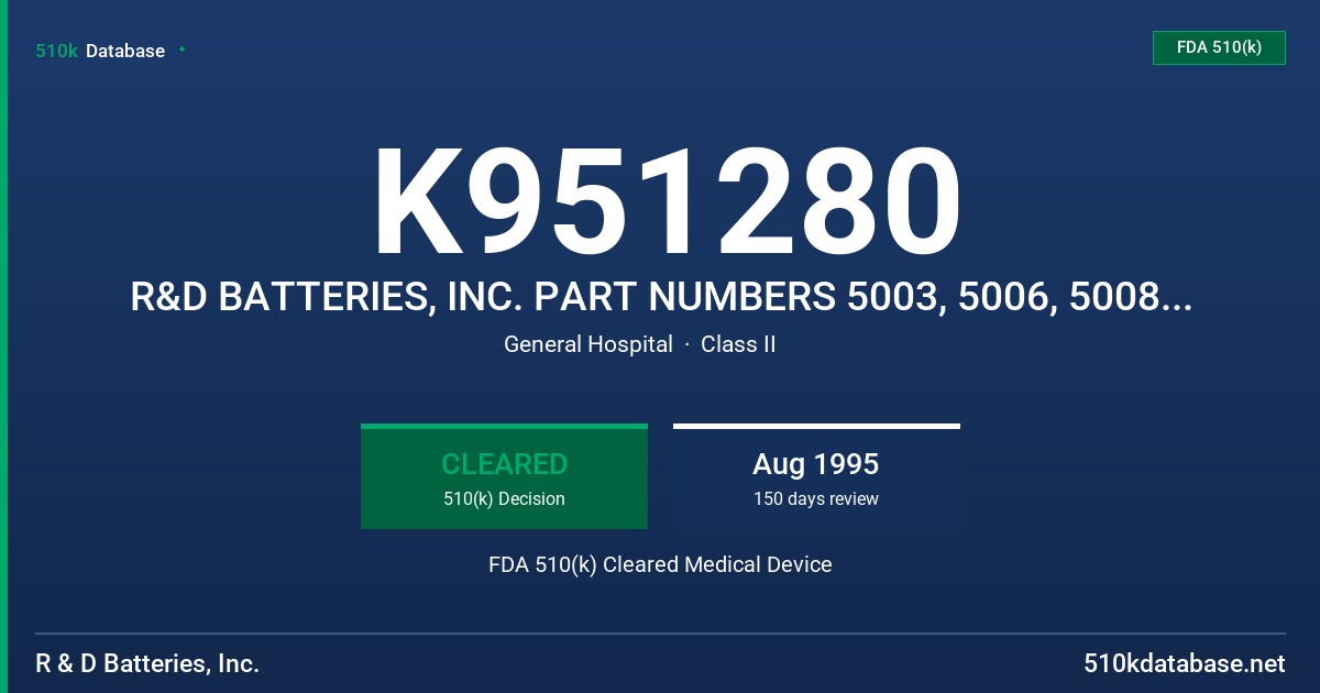 K951280 R&D BATTERIES, INC. PART NUMBERS 5003, 5006, 5008 AND 5012 FDA 510(k) Cleared Medical Device