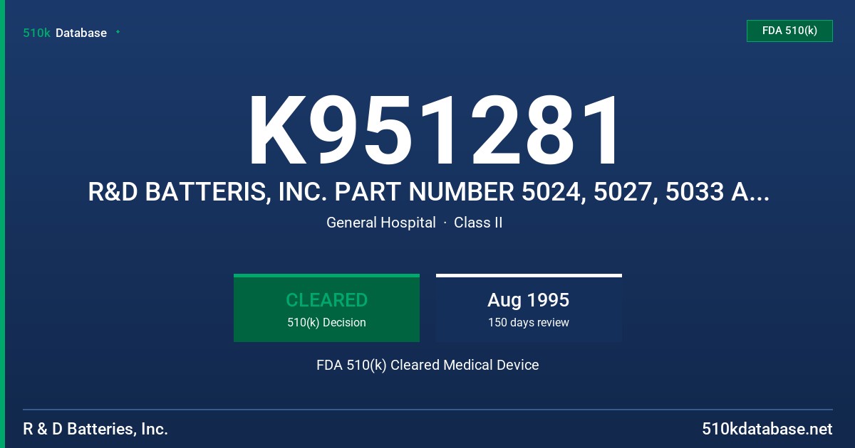 K951281 R&D BATTERIS, INC. PART NUMBER 5024, 5027, 5033 AND 5035 FDA 510(k) Cleared Medical Device