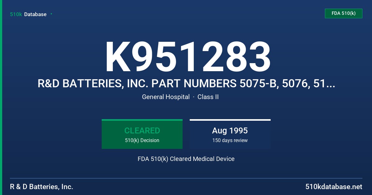 K951283 R&D BATTERIES, INC. PART NUMBERS 5075-B, 5076, 5122 AND 5123 FDA 510(k) Cleared Medical Device