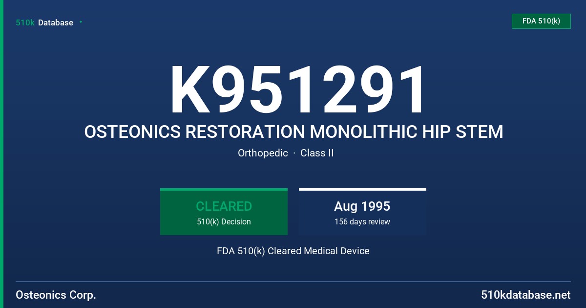 K951291 OSTEONICS RESTORATION MONOLITHIC HIP STEM FDA 510(k) Cleared Medical Device