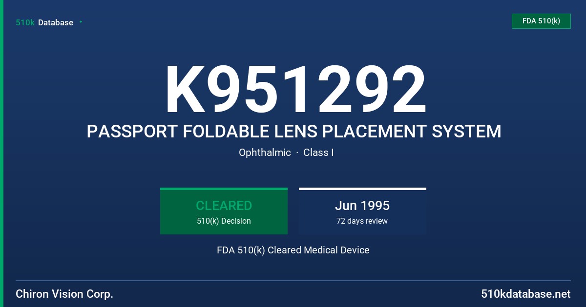 K951292 PASSPORT FOLDABLE LENS PLACEMENT SYSTEM FDA 510(k) Cleared Medical Device