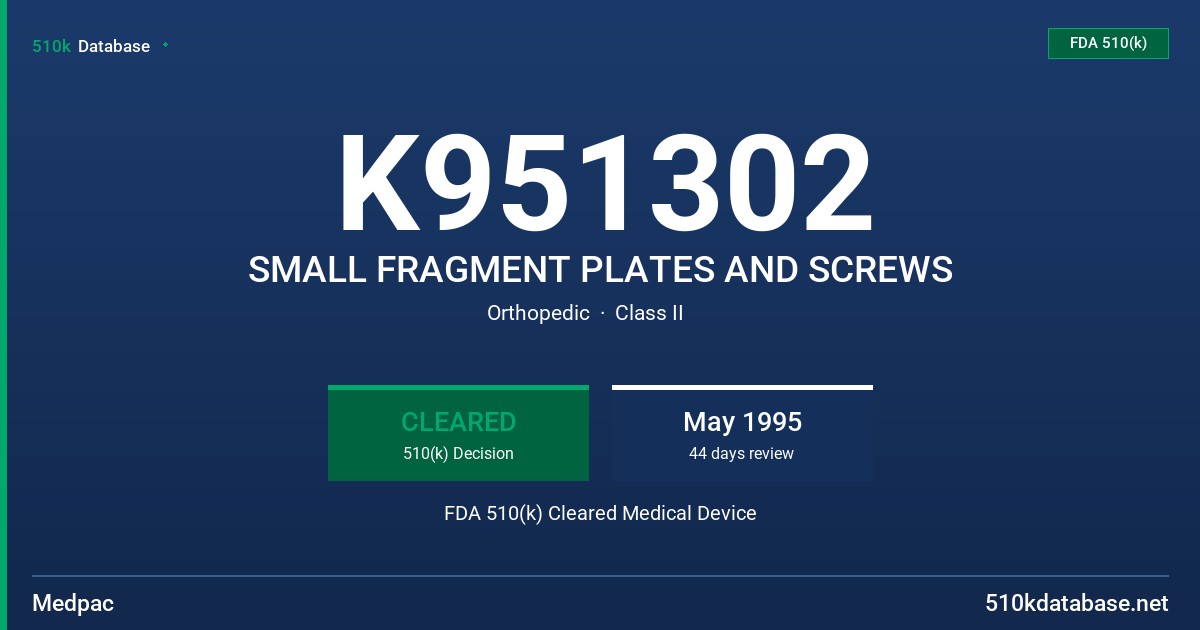 K951302 SMALL FRAGMENT PLATES AND SCREWS FDA 510(k) Cleared Medical Device