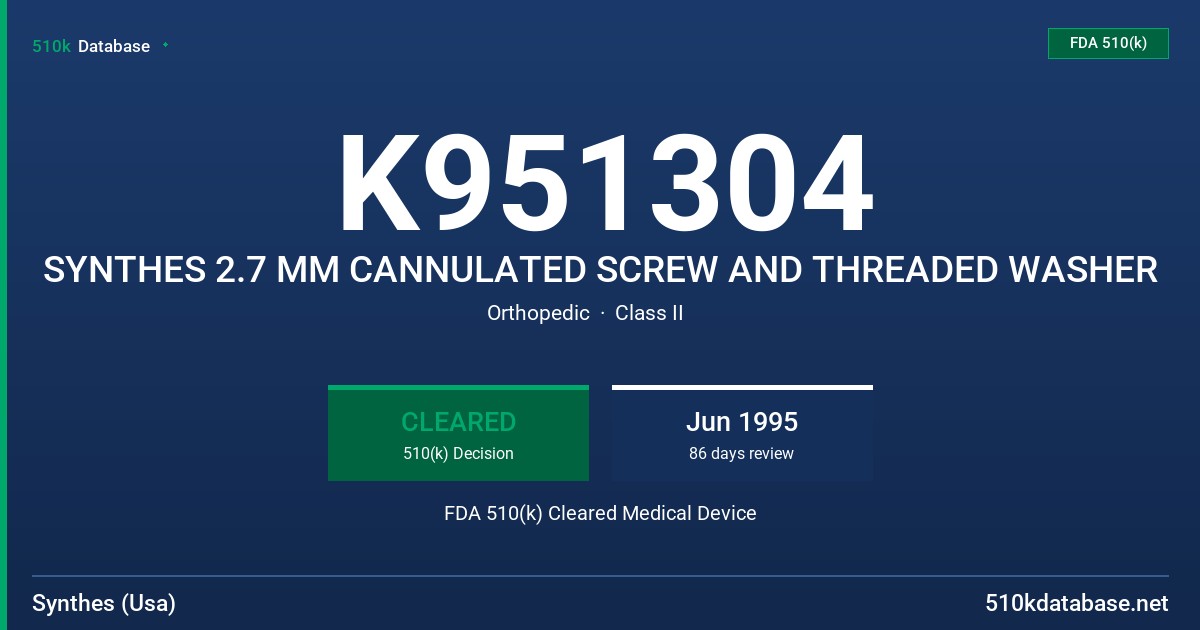 K951304 SYNTHES 2.7 MM CANNULATED SCREW AND THREADED WASHER FDA 510(k) Cleared Medical Device