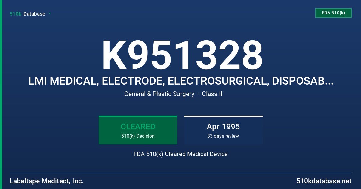 K951328 LMI MEDICAL, ELECTRODE, ELECTROSURGICAL, DISPOSABLE DISPERSIVE ELECTRODE WITH CORD FDA 510(k) Cleared Medical Device