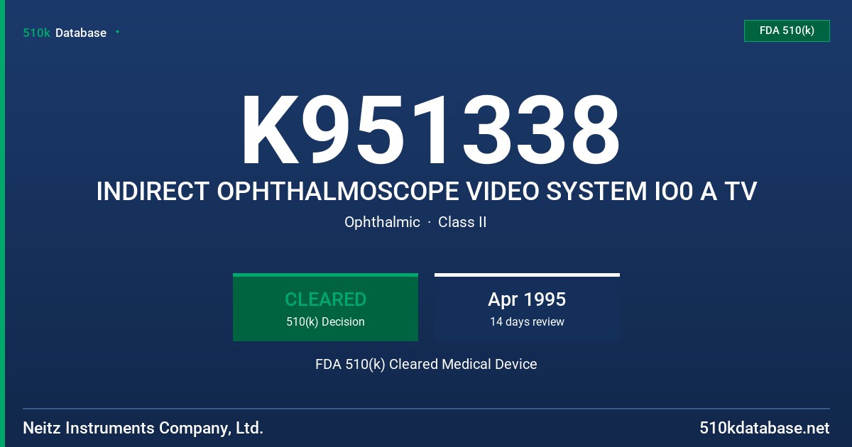 K951338 INDIRECT OPHTHALMOSCOPE VIDEO SYSTEM IO0 A TV FDA 510(k) Cleared Medical Device
