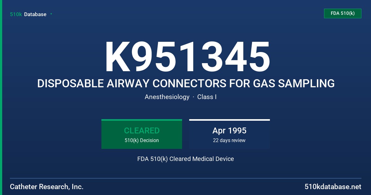 K951345 DISPOSABLE AIRWAY CONNECTORS FOR GAS SAMPLING FDA 510(k) Cleared Medical Device