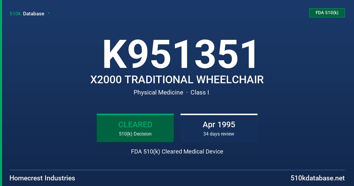 K951351 X2000 TRADITIONAL WHEELCHAIR FDA 510(k) Cleared Medical Device