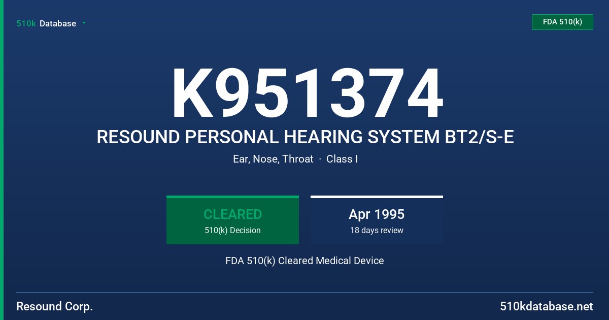 K951374 RESOUND PERSONAL HEARING SYSTEM BT2/S-E FDA 510(k) Cleared Medical Device