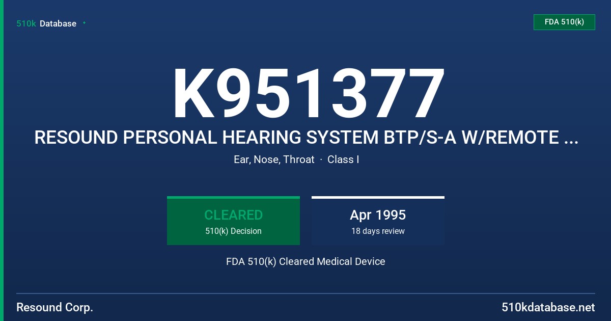 K951377 RESOUND PERSONAL HEARING SYSTEM BTP/S-A W/REMOTE CONTROL OPTION FDA 510(k) Cleared Medical Device