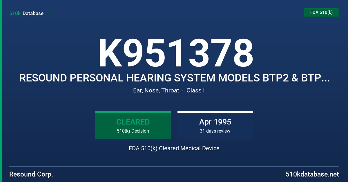 K951378 RESOUND PERSONAL HEARING SYSTEM MODELS BTP2 & BTP2/S W/REMOTE CONTROL OPTION FDA 510(k) Cleared Medical Device