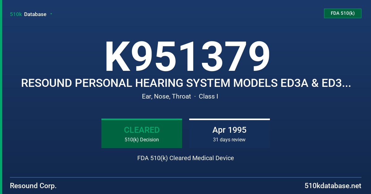K951379 RESOUND PERSONAL HEARING SYSTEM MODELS ED3A & ED3A/S W/REMONTE CONTROL OPTION FDA 510(k) Cleared Medical Device