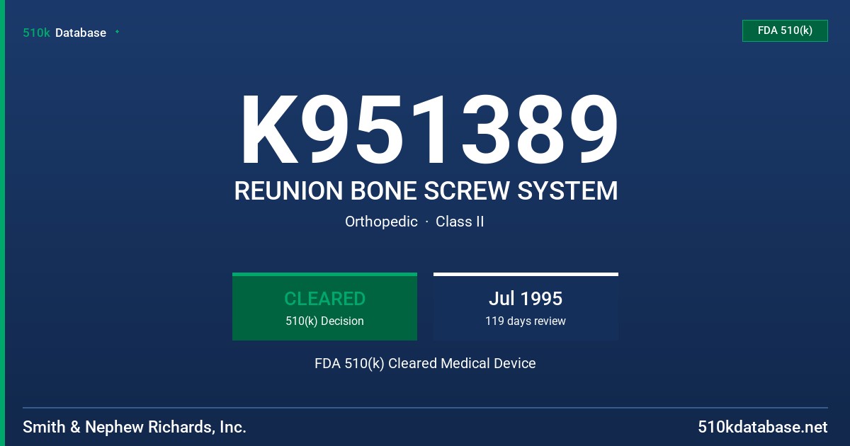 K951389 REUNION BONE SCREW SYSTEM FDA 510(k) Cleared Medical Device