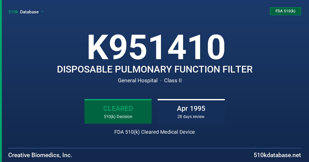 K951410 DISPOSABLE PULMONARY FUNCTION FILTER FDA 510(k) Cleared Medical Device