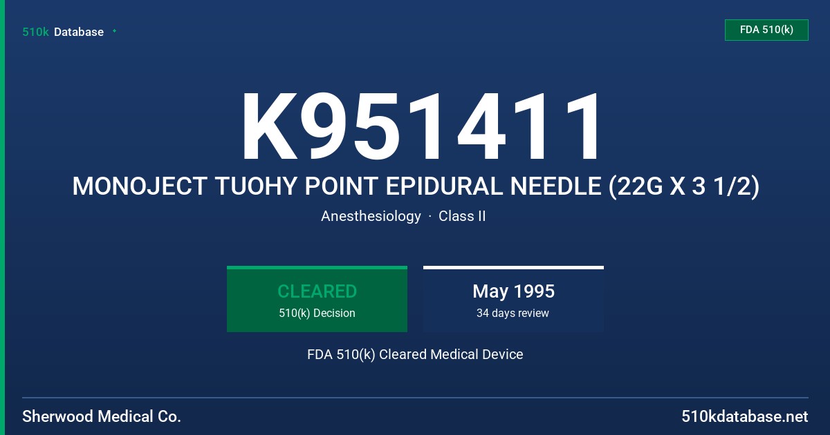 K951411 MONOJECT TUOHY POINT EPIDURAL NEEDLE (22G X 3 1/2) FDA 510(k) Cleared Medical Device