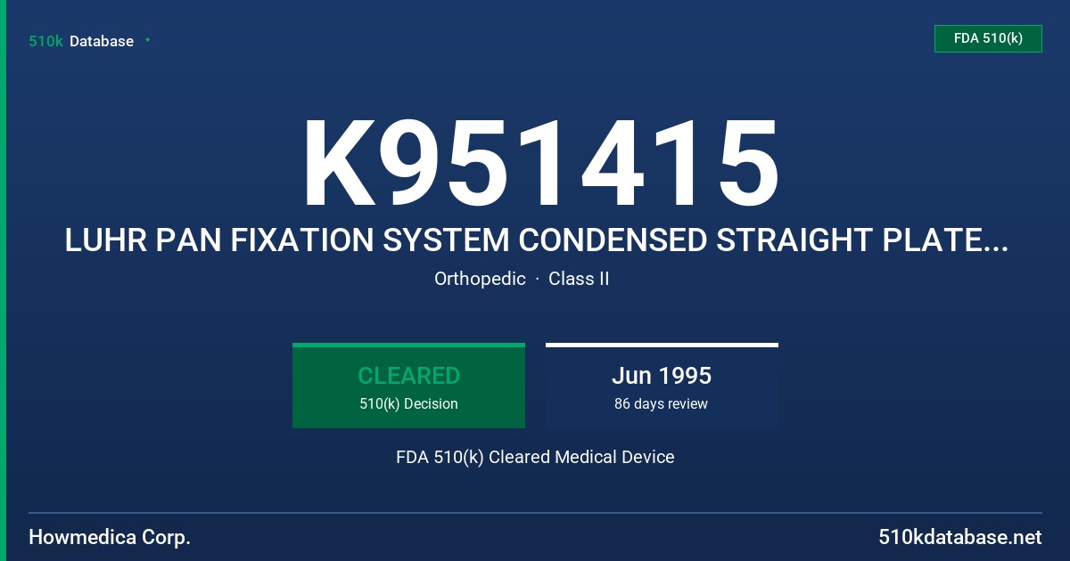 K951415 LUHR PAN FIXATION SYSTEM CONDENSED STRAIGHT PLATE, Y PLATES AND 1.5MM BONE SCREW FDA 510(k) Cleared Medical Device
