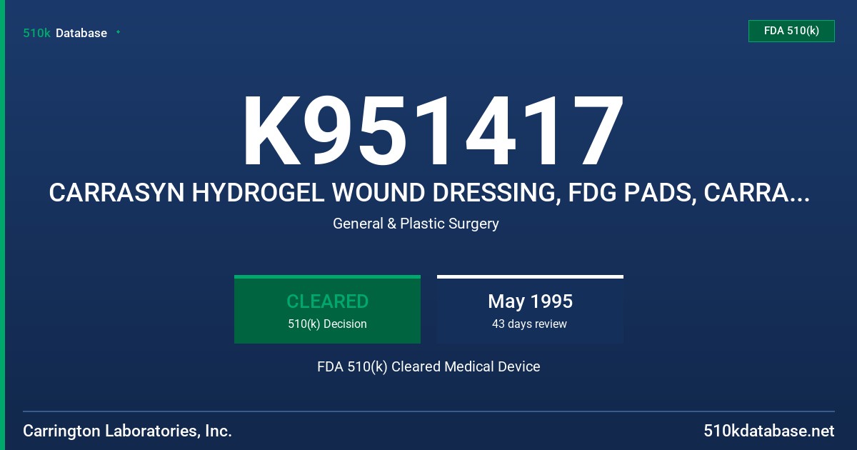 K951417 CARRASYN HYDROGEL WOUND DRESSING, FDG PADS, CARRAGAUZE PADS, STRIPS FDA 510(k) Cleared Medical Device