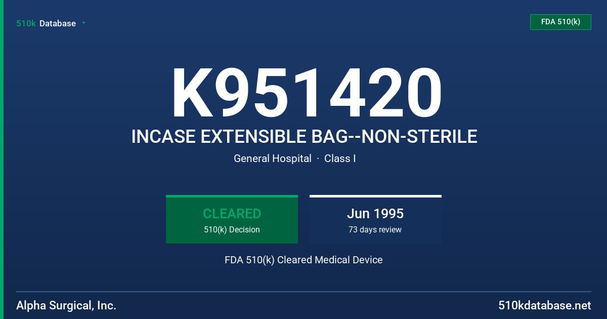 K951420 INCASE EXTENSIBLE BAG--NON-STERILE FDA 510(k) Cleared Medical Device