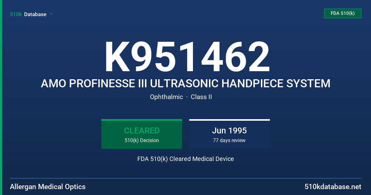 K951462 AMO PROFINESSE III ULTRASONIC HANDPIECE SYSTEM FDA 510(k) Cleared Medical Device