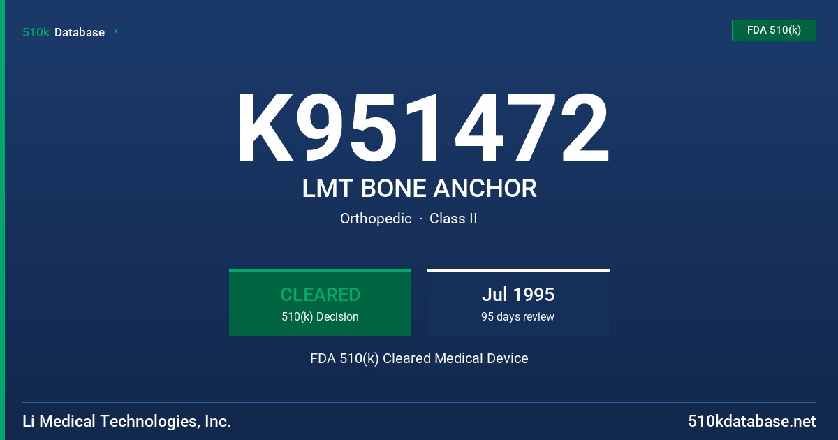 K951472 LMT BONE ANCHOR FDA 510(k) Cleared Medical Device