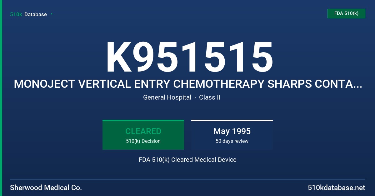 K951515 MONOJECT VERTICAL ENTRY CHEMOTHERAPY SHARPS CONTAINER FDA 510(k) Cleared Medical Device